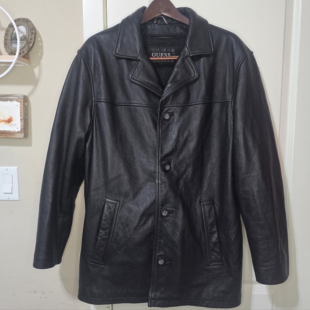 Vintage 90s Men's GUESS Soft Leather Car Coat Removable Wool Liner Size Med Y2K